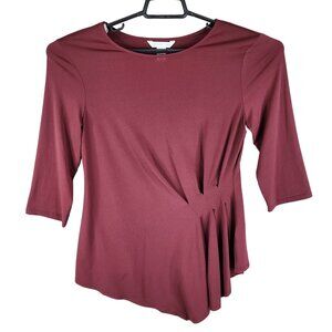 Women's Burgundy London Times Asymmetrical Top Blouse 3/4 Sleeve Round Neck S